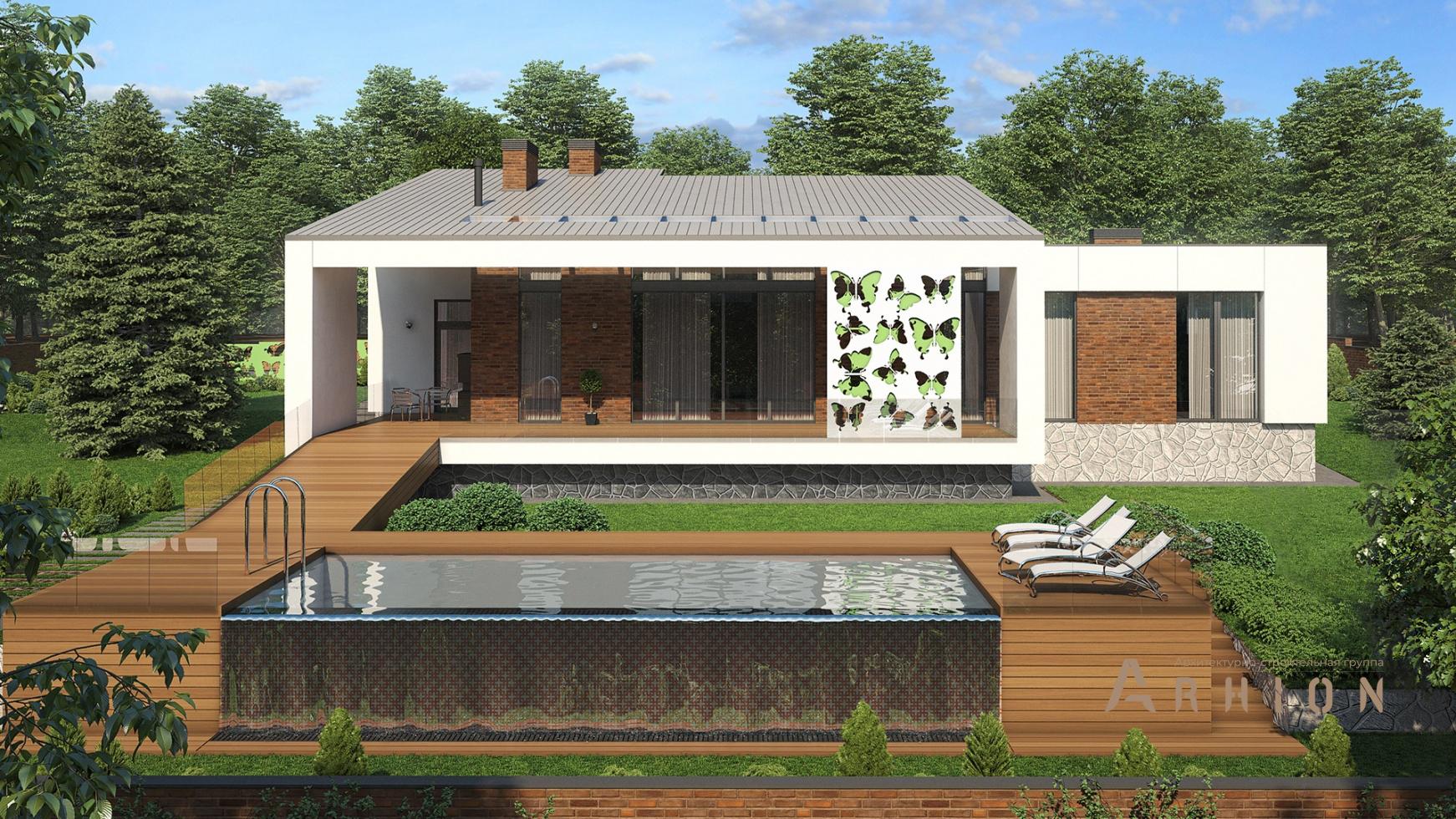 3. Проект одноэтажного дома в стиле лофт с односкатной кровлей, m-320, площадью - 340 кв c мансардой, терассой, балконом, гаражом, бассейном